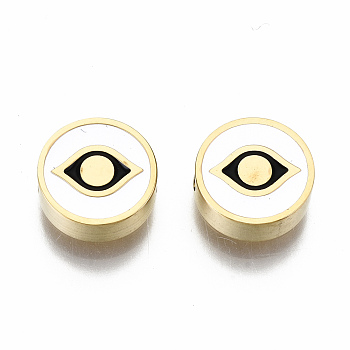304 Stainless Steel Beads, Laser Cut, with Enamel, White, Flat Round with Eye, Golden, 9.5x3mm, Hole: 2mm