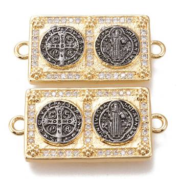 Brass Micro Pave Clear Cubic Zirconia Links Connectors, Long-Lasting Plated, Religion, Rectangle with Cross & Goddess, Gunmetal & Golden, 32.5x16x3mm, Hole: 2.3mm