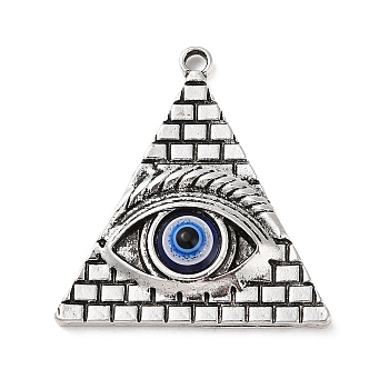 Tibetan Style Alloy Egyptian Pyramid Eye Pendants, Evil Eye Resin Charms, Antique Silver, 37x35x5mm, Hole: 2mm