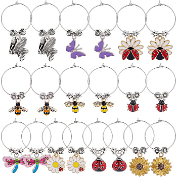 20Pcs 10 Styles Flower & Bee & Butterfly & Beetle Alloy Enamel Dangle Wine Glass Charms, Brass Hoop Earrings, Mixed Color, 42~63mm, Pin: 0.8mm, 2pcs/style