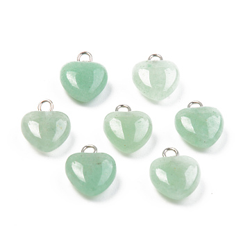 Natural Green Aventurine Charms, with Platinum Brass Peg Bail, Heart, 13.5~14.5x10.5x5mm, Hole: 1.8mm