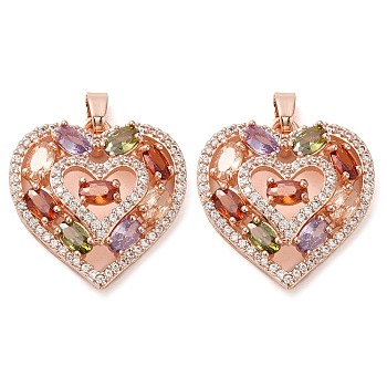 Brass Micro Pave Cubic Zirconia Pendants, Long-Lasting Plated, Rose Gold, Heart Charm, Colorful, 23.5x22x7mm, Hole: 4.5x2.8mm