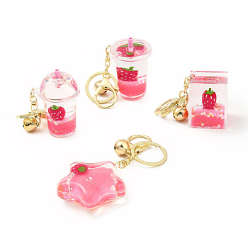 Acrylic Keychain, with Zinc Alloy Lobster Claw Clasps, Iron Key Ring and Brass Bell, Mixed Shapes, Pink, 10~11.5cm