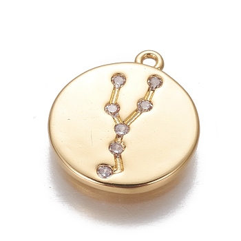 Brass Cubic Zirconia Pendants, Flat Round with Constellation, Golden, Clear, Taurus, 16x14x1.5mm, Hole: 1mm