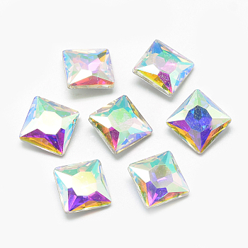 Pointed Back Glass Rhinestone Cabochons, Back Plated, Faceted, Square, Clear AB, 8x8x3.5mm