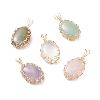 Natural & Synthetic Gemstone Pendants, with Light Gold Tone Copper Wire Wrapped, Oval, 38~40x19~20x7~9mm, Hole: 9x4mm