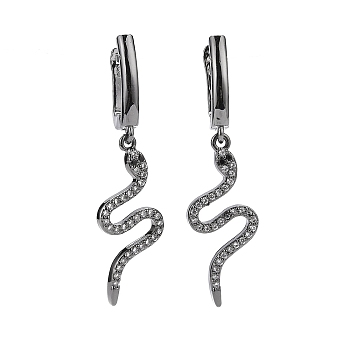 Clear Cubic Zirconia Snake Dangle Hoop Earrings, Brass Jewelry Earrings for Women, Gunmetal, 46mm, Pendant: 29.5x12x2.5mm, Pin: 1.1mm
