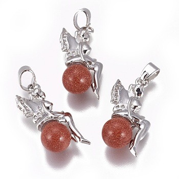 Synthetic Goldstone Pendants, with Platinum Tone Brass Findings, Fairy, 25~26x12~13x8mm, Hole: 3.5x5.5mm