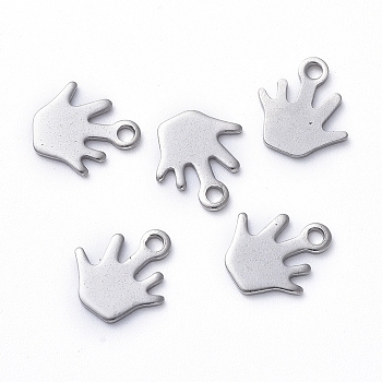 304 Stainless Steel Charms, Laser Cut, Palm, Stainless Steel Color, 10.5x10x1mm, Hole: 1.5mm