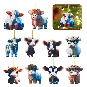 Olycraft 10Pcs 10 Styles Cartoon Cattle Acrylic Pendant Decorations, with Cord and Brass Bell, for Car Hanging Ornaments, Mixed Color, 66.5~80.5x59~79.5x3.7~4, Hole: 2.2~2.5mm, 1pc/style