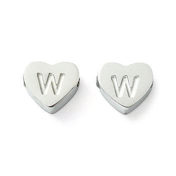 316 Surgical Stainless Steel Beads, Love Heart with Letter Bead, Stainless Steel Color, Letter W, 5.5x6.5x2.5mm, Hole: 1.4mm