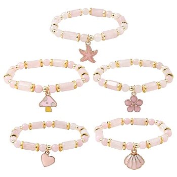 Natural Rose Quartz Beaded Bracelets, Alloy Enamel Pendant Bracelets for Women, Starfish/Mushroom/Shell/Flower/Heart, Mixed Shapes, 1/4 inch(0.6cm), Inner Diameter: 2 inch(5.2cm)