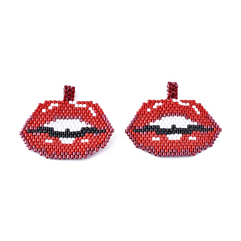 Handmade Seed Beads Pendants, with Elastic Thread, Loom Pattern, Lip, Red, 32~33x40x1.5mm, Hole: 4mm