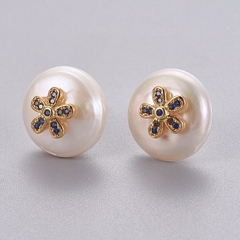 Natural Pearl Stud Earrings, with Brass Micro Pave Cubic Zirconia Findings, Flat Round with Flower, Long-Lasting Plated, with Ear Nuts, Golden, Prussian Blue, 14mm, Pin: 0.8mm