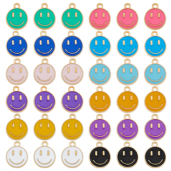 96Pcs 12 Colors Alloy Enamel Charms, Cadmium Free & Lead Free, Flat Round with Smiling Face, Light Gold, Mixed Color, 14.5x12x1.5mm, Hole: 1.5mm, 8pcs/color