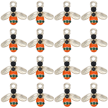 40Pcs Alloy Enamel Pendants, with Rhinestone, Bees, Dark Orange, 15x16.5x3.5mm, Hole: 2mm