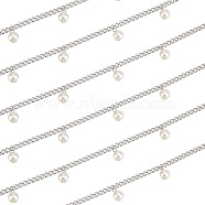 Elite 2M 304 Stainless Steel Cuban Link Chain, with Acrylic Pearl Beads with Brass Bead Cap Pendant Bails, Unwelded, Stainless Steel Color, 7x5x1.3mm(CHS-PH0001-06)