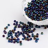 8/0 Electroplated Iris Round Glass Seed Beads, Prussian Blue, 3mm, Hole: 1mm, about 1101pcs/50g(X-SEED-A009-3mm-604)