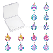 14Pcs 7 Style Chakra Theme 201 Stainless Steel Charms, Laser Cut Pendants, with Jump Rings, Flat Round, Rainbow Color, 13.5x11.5x1mm, Hole: 3mm, 2pcs/style(STAS-SC0002-23MC)