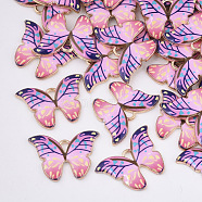 Printed Alloy Pendants, with Enamel, Butterfly, Light Gold, Pearl Pink, 15.5x22x2mm, Hole: 1.8mm(PALLOY-R111-01E)