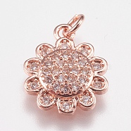 Brass Micro Pave Cubic Zirconia Charms, Flower, Rose Gold, 14x11.5x3mm, Hole: 2mm(ZIRC-E147-34RG)