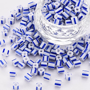 Glass Bugle Beads, Opaque Colours Seep, Round Hole, Blue, 4~5x4mm, Hole: 1.6mm, about 3750pcs/pound.(SEED-S054-A-003)
