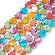 Natural Freshwater Shell Beads Strands, Dyed, AB Color Plated, Flat Round, Colorful, 10~10.5x2.5~3mm, Hole: 0.8mm, about 35pcs/strand, 13.78~13.98''(35~35.5cm)(BSHE-E028-01)