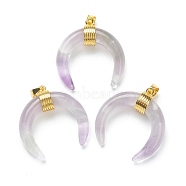 Natural Amethyst Pendants, with Golden Brass Findings, Double Horn/Crescent Moon, 31~33x30x10mm, Hole: 6x4mm(G-A017-15G)