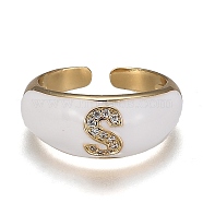 Brass Micro Pave Clear Cubic Zirconia Cuff Rings, Open Rings, with Enamel, Cadmium Free & Lead Free, Golden, Letter.S, US Size 7 1/4, Inner Diameter: 17.6mm(RJEW-H538-03G-S)