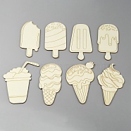 8Pcs 8 Styles Unfinished Wood Cabochons, Imitation Food, Ice Lolly & Drink & Ice Cream Cone, for DIY Craft Painting, Cornsilk, 110~111x46~81x1.8mm, 1pc/style(WOOD-CJC0011-03)