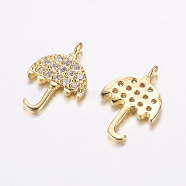 Brass Micro Pave Cubic Zirconia Charms, Cadmium Free & Lead Free, Umbrella, Golden, 14x9.5x1.5mm, Hole: 1mm(ZIRC-G122-47G-RS)