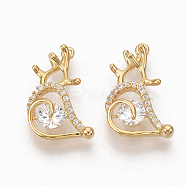 Brass Micro Pave Clear Cubic Zirconia Pendants, Nickel Free, Christmas Reindeer/Stag, Real 18K Gold Plated, 15x10x3.5mm, Hole: 0.8mm(ZIRC-Q021-006G-NF)