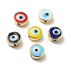 Handmade Evil Eye Lampwork Beads, with Brass Findings, Flat Round, Mixed Color, 11.5x6mm, Hole: 1.6mm(LAMP-G143-05LG)