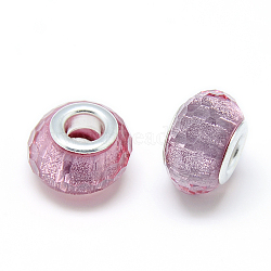 Resin European Beads, Large Hole Beads, with Silver Color Plated Brass Cores, Faceted, Rondelle, Large Hole Beads, Plum, 13.5~14.5x9mm, Hole: 5mm(RPDL-S009-11)