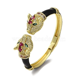 Brass Pave Colorful Cubic Zirconia Leopard Open Cuff Bangle for Women, with Black Enamel, Real 18K Gold Plated, Inner Diameter: 2x2-3/8 inch(5.2x5.9cm)(BJEW-K246-07G)