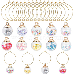 DIY Wine Glass Charms Making Kits, include 10Pcs 10 Colors Glitter Sequins inside Transparent Glass Globe Pendants and 15Pcs Brass Wine Charm Rings, Mixed Color, Pendants: 21x15.5~16mm, Hole: 2mm, 10pcs, Charm Rings: 25x0.8mm(20 Gauge), 15pcs(DIY-SC0020-75)