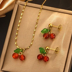 Cherry 304 Stainless Steel Glass Pendant Necklaces & Stud Dangle Earrings Sets, Golden, Red, 395mm(WGB239D-01)