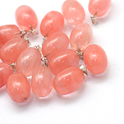 Oval Dyed Cherry Quartz Glass Pendants, with Platinum Tone Brass Findings, 21~22x12~14mm, Hole: 2x7mm(G-Q433-12)