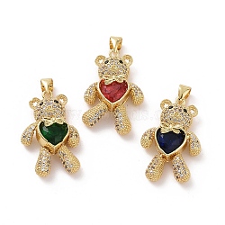 Brass Cubic Zirconia Pendants, Bear with Heart & Bowknot Charm, Mechanical Charm, Real 18K Gold Plated, Mixed Color, 26.5x16.5x8.5mm, Hole: 3.5mm(KK-G453-03G)