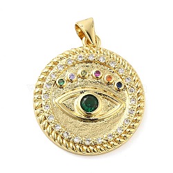 Real 18K Gold Plated Brass Clear Cubic Zirconia Pendants, with Glass, Flat Round with Evil Eye, Colorful, 24x21x3mm, Hole: 5x3.5mm(KK-A198-19G)
