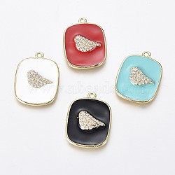 Golden Plated Brass Micro Pave Clear Cubic Zirconia Pendants, with Enamel, Rectangle with Bird, Mixed Color, 21x16x2.5mm, Hole: 1.4mm(KK-F807-17-G)