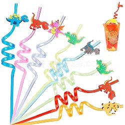 Gorgecraft 8Pcs 8 Colors PET Spiral Drinking Straws, with Silicone Straw Marking Decors, Dinosaur, Mixed Color, 245~265x27~28mm, 1pc/color(AJEW-GF0006-15)