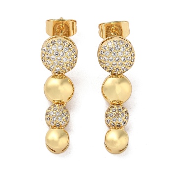 Brass Micro Pave Cubic Zirconia Dangle Stud Earrings, Real 18K Gold Plated, Flat Round, 26x8mm
