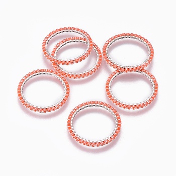 MIYUKI & TOHO Handmade Japanese Seed Beads, with 304 Stainless Steel Link Rings, Loom Pattern, Ring, Silver, Tomato, 22~23x1.7mm