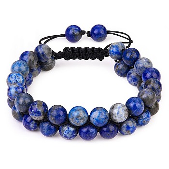 Natural Lapis Lazuli Braided Bead Bracelet, Double Layer Gemstone Adjustable Bracelet for Women, Inner Diameter: 2-1/8~3 inch(5.3~7.5cm) 