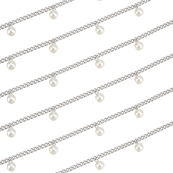 Elite 2M 304 Stainless Steel Cuban Link Chain, with Acrylic Pearl Beads with Brass Bead Cap Pendant Bails, Unwelded, Stainless Steel Color, 7x5x1.3mm