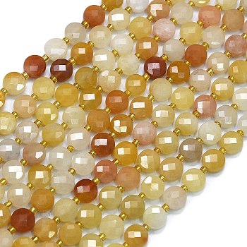 Natural Golden Silk Jade Beads Strands, with Seed Beads, Faceted Coin Beads, Flat Round, 6~6.5x4mm, Hole: 1mm, about 50pcs/strand, 15.35 inch(39cm)
