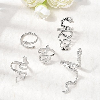 5Pcs 304 Stainless Steel Open Cuff Rings for Women, Snake, Stainless Steel Color, 16~17.8mm