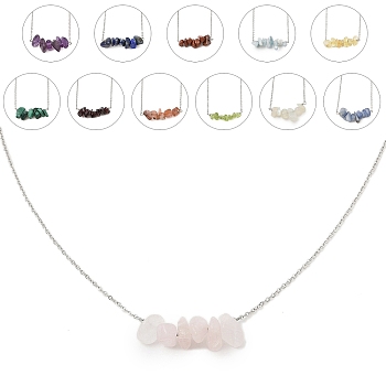 12Pcs 12 Styles Natural Mixed Stone Chip Pendant Necklace Sets, 304 Stainless Steel Cable Chain Necklaces, Stainless Steel Color, 16.65 inch(42.3cm), 1pc/style