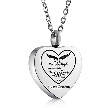 Stainless Steel Heart Urn Ashes Pendant Necklace, Word To My Grandma Memorial Jewelry for Men Women, Stainless Steel Color, 19.69 inch(50cm)